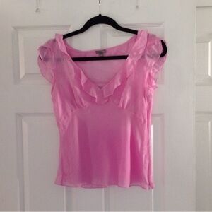 Ann Taylor Pink Ruffled V-Neck silk Top